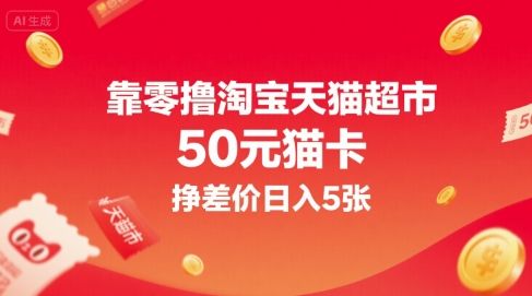 靠零撸淘宝天猫超市50元猫卡,挣差价日入5张-樵渔匹