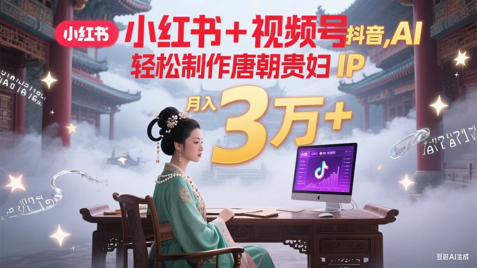 小红书+视频号+抖音,AI轻松制作唐朝贵妇IP,毒鸡汤、励志、减肥瘦身、养生赛道轻松切入,每天30分钟,轻松产出N条,月入3万+-樵渔匹