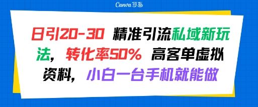 日引 20-30 精准引流私域新玩法,转化率50% 高客单虚拟资料,小白一台手机就能做