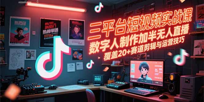 三平台短视频实战课，数字人制作加半无人直播，覆盖20+赛道剪辑与运营技巧-樵渔匹