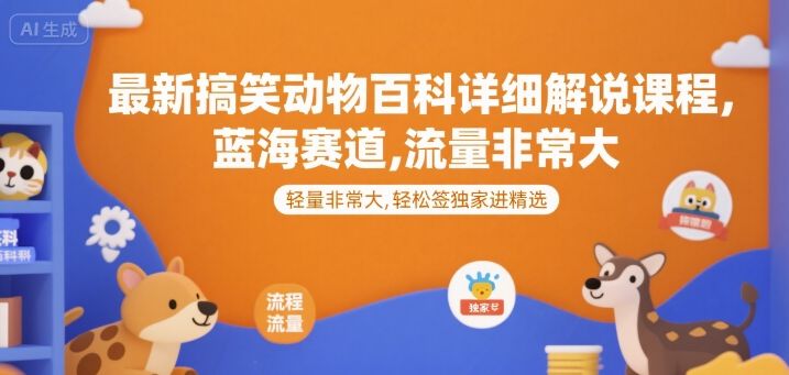 最新搞笑动物百科详细解说课程,蓝海赛道,流量非常大,轻松签独家进精选-樵渔匹
