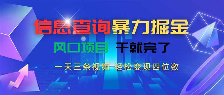 信息查询暴力掘金，一天三条视频 轻松变现四位数，风口项目干就完了-樵渔匹