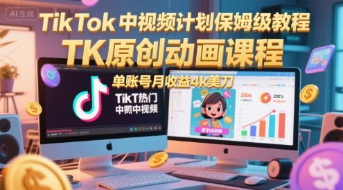 TikTok中视频计划保姆级教程，TK原创动画课程，单账号月收益4k美刀-樵渔匹