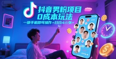 抖音男粉项目0成本玩法,一部手机即可操作,日均4张+,时间自由-樵渔匹