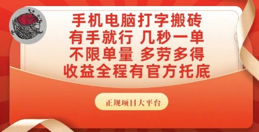 手机电脑打字搬砖,副业可发展主业来做蓝海项目,有手就行,几秒一单,不限单量,多劳多得【揭秘】-樵渔匹