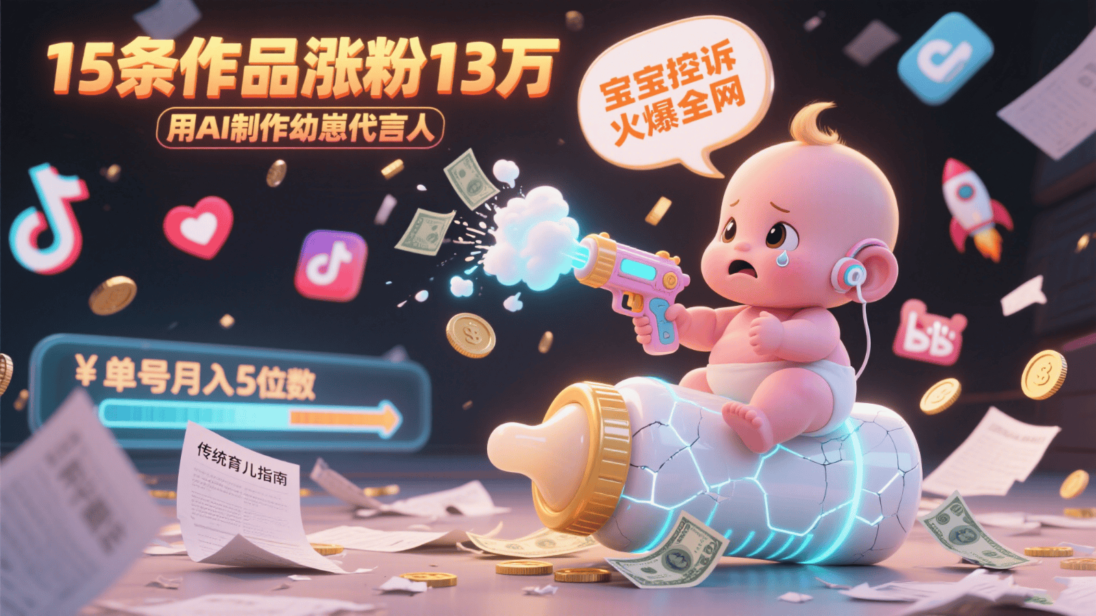 用AI制作幼崽代言人,宝宝的控诉火爆全网,15条作品涨粉13万,单号月入5位数实操教程-樵渔匹