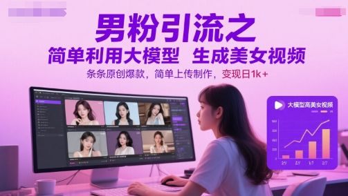 男粉引流之简单利用大模型生成美女视频,条条原创爆款,简单上传制作,变现日1k+-樵渔匹