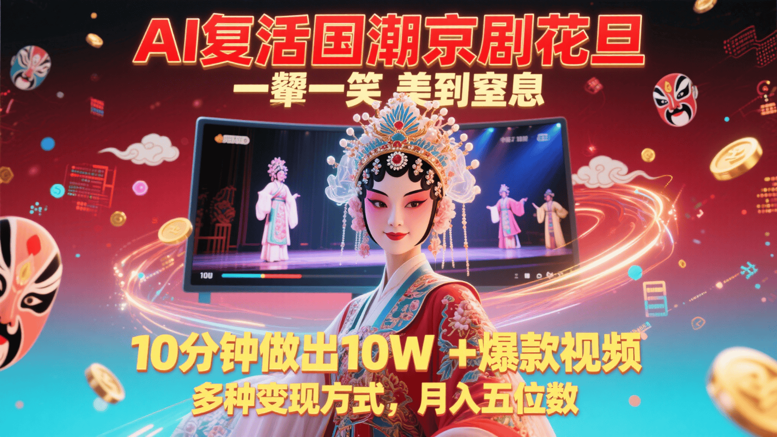 AI复活国潮京剧花旦,一颦一笑美到窒息,10分钟做出10W+爆款视频,多种变现方式-樵渔匹