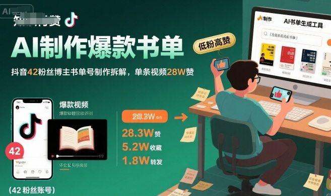 AI制作爆款书单,抖音42粉丝博主书单号制作拆解,单条视频28W赞-樵渔匹