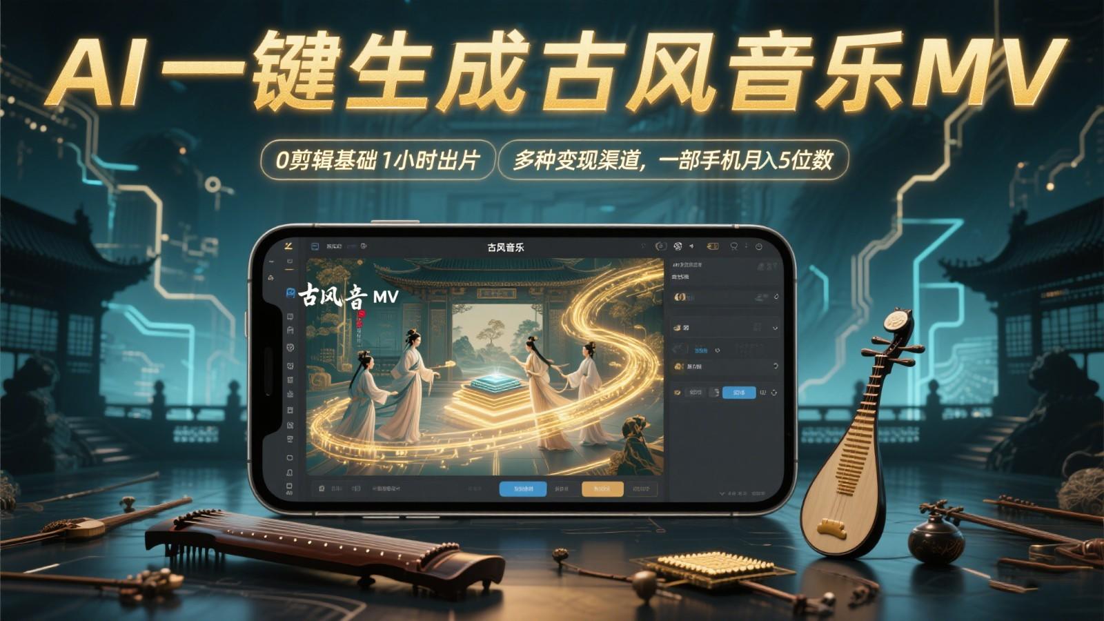 AI一键生成古风音乐MV,0剪辑基础1小时出片,多种变现渠道,一部手机月入5位数-樵渔匹