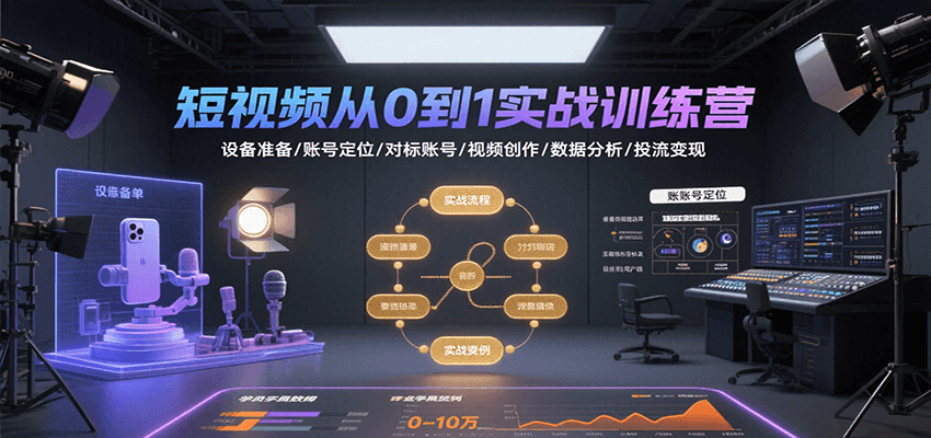短视频从0到1实战训练营：设备准备/账号定位/对标账号/视频创作/数据分析/投流变现-樵渔匹
