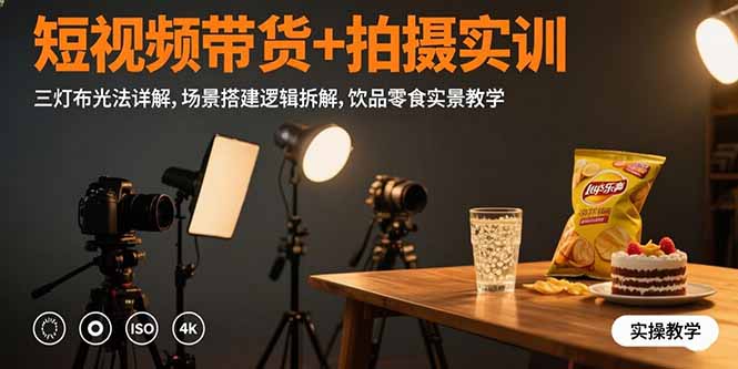 短视频带货+拍摄实训:三灯布光法详解,场景搭建逻辑拆解,饮品零食实景教学-樵渔匹