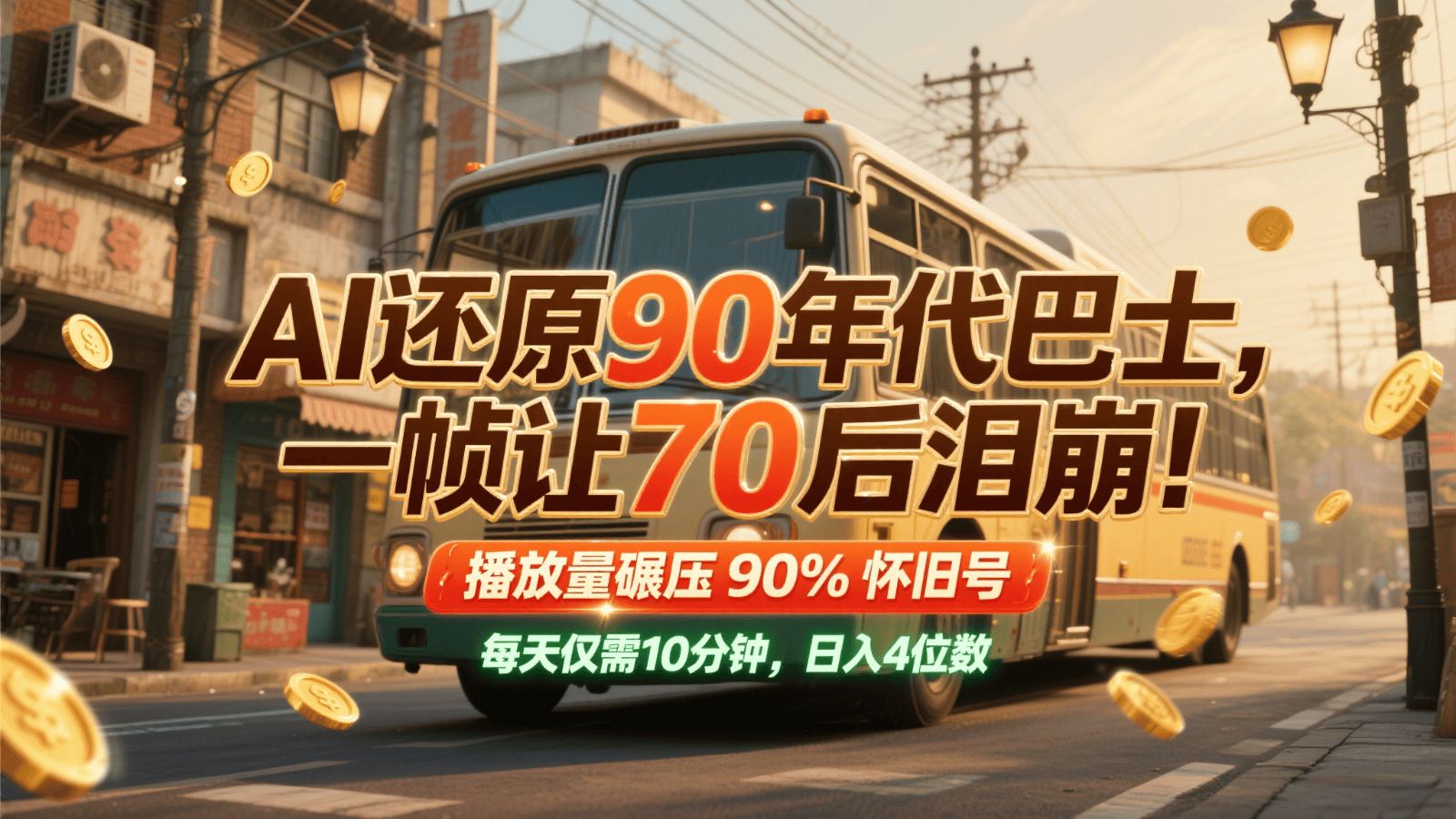 AI还原90年代巴士,一帧让70后泪崩!播放量碾压90%怀旧号,每天10分钟,日入4位数-樵渔匹