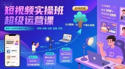 短视频实操班超级运营课，新手小白到短视频大神必修课程，剪辑-拍摄-运营-直播-变现-樵渔匹