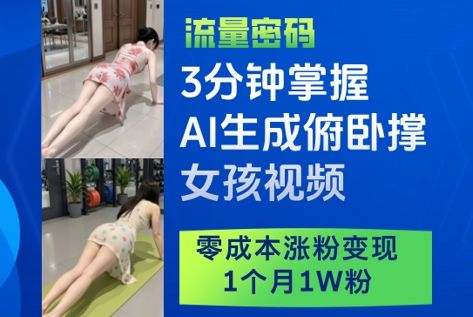 3分钟掌握AI生成俯卧撑女孩视频，零成本涨粉变现，1个月1W粉-樵渔匹