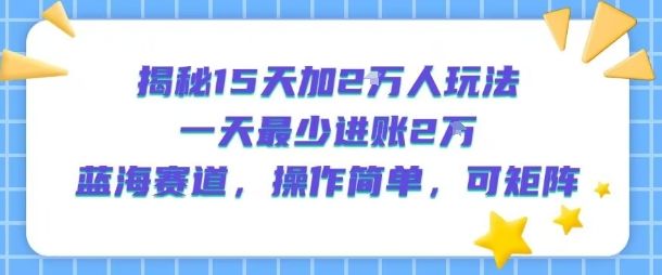 揭秘15天加2W人玩法,一天最少2万进账,蓝海赛道,操作简单,可矩阵-樵渔匹