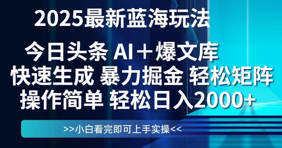 今日头条2025最新蓝海玩法，思路简单，复制粘贴，轻松实现矩阵日入2000+-樵渔匹