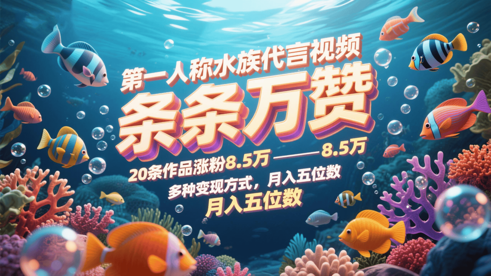 第一人称水族代言视频，条条万赞，20条作品涨粉8.5万，多种变现方式月，入五位数-樵渔匹