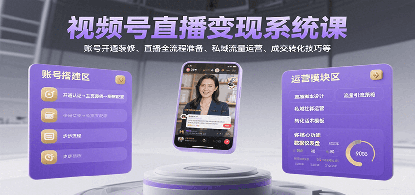 视频号直播变现系统课，账号开通装修、直播全流程准备、私域流量运营、成交转化技巧等-樵渔匹