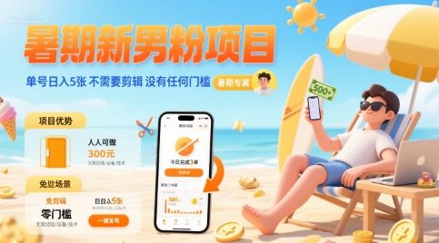 暑期新男粉项目 单号日入5张 不需要剪辑  没有任何门槛-樵渔匹