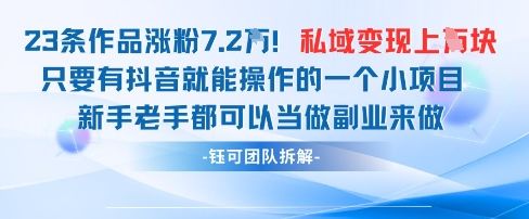 抖音私域项目23条作品涨粉7.2W，私域变现1W-樵渔匹