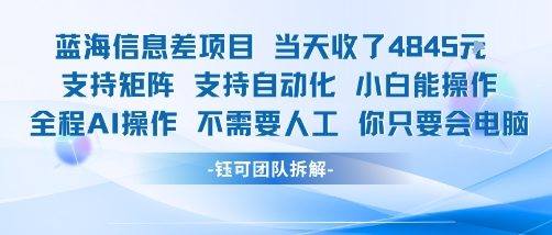 蓝海信息差项目当天收米1k+ 支持矩阵支持自动化小白能操作全程AI操作不需要人工你只要会电脑-樵渔匹
