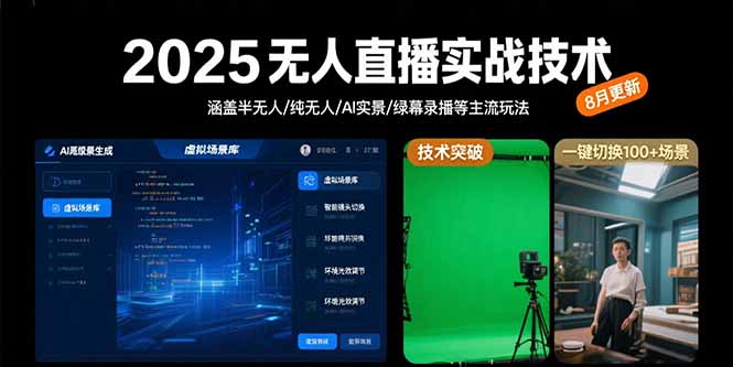 2025无人直播实战技术-8月,涵盖半无人/纯无人/AI实景/绿幕录播等主流玩法-樵渔匹