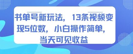 书单号新玩法,13条视频变现5位数,小白操作简单,当天可见收益-樵渔匹