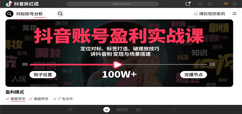抖音账号盈利实战课,定位对标、标签打造、破播放技巧,讲涨粉变现与场景搭建-樵渔匹