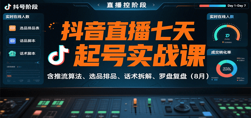 抖音直播七天起号实战课：含推流算法、选品排品、话术拆解、罗盘复盘(8月)-樵渔匹