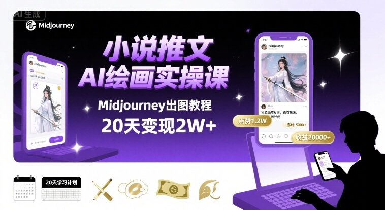 小说推文干货分享之AI绘画MJ出图实操课,用Midjourney做小说推文,20天挣2w-樵渔匹