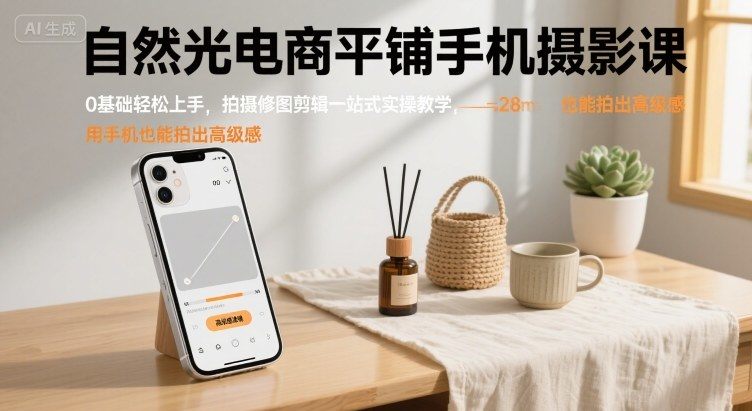 自然光电商平铺手机摄影课，0基础轻松上手，拍摄修图剪辑一站式实操教学，用手机也能拍出高级感-樵渔匹