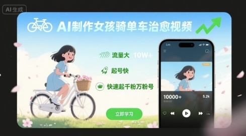 AI制作女孩骑单车治愈视频,流量大,起号快,快速起千粉万粉号-樵渔匹