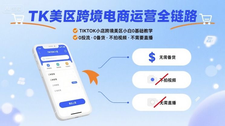 TK美区跨境电商运营全链路,TIKTOK小店跨境美区小白0基础教学,0投流0备货不拍视频不需要直播-樵渔匹