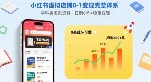 小红书虚拟店铺0-1变现完整体系:卖学科类虚拟资料,一天6张+,很稳定【已完结】-樵渔匹