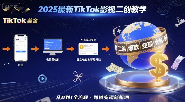 2025年最新TikTok影视二创教学，从注册到发布撸美金全流程，跨境变现新机遇-樵渔匹