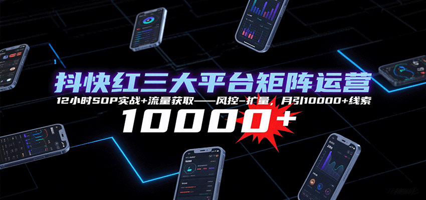 抖快红三大平台矩阵运营,12小时SOP实战+流量获取-风控-扩量,月引10000+线索-樵渔匹