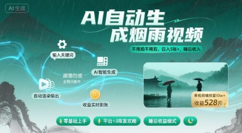 不用拍不用剪!AI自动生成烟雨视频,日入5张+,睡后收入-樵渔匹