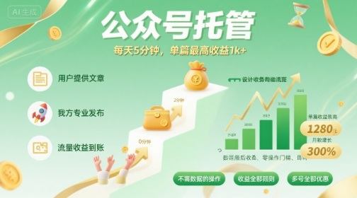 【公众号托管 】我提供文章,你发布,每天5分钟,单篇最高收益1k+【揭秘】-樵渔匹