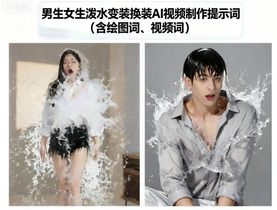 男生女生泼水变装换装AI视频制作提示词(含绘图词、视频词)-樵渔匹
