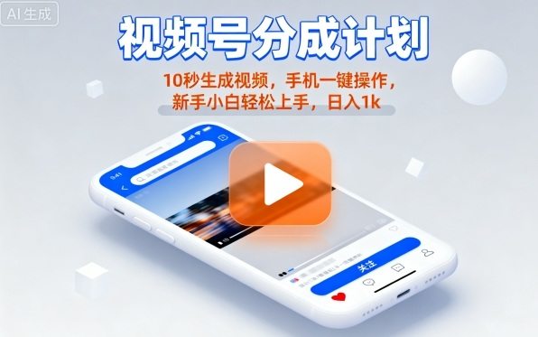 视频号分成计划懒人玩法,10秒生成视频,手机一键操作,新手小白轻松上手,日入1K【揭秘】-樵渔匹