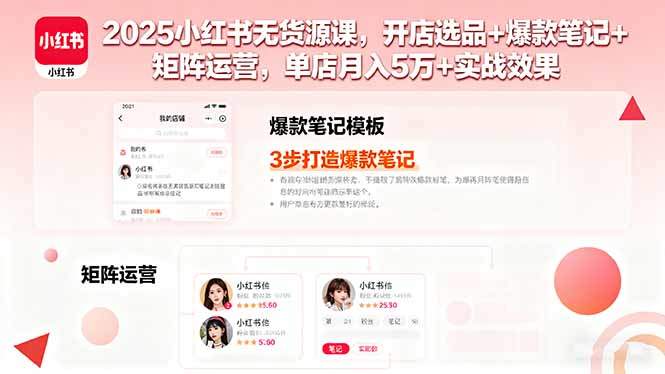 2025小红书无货源课,开店选品+爆款笔记+矩阵运营,单店月入5万+实战效果-樵渔匹