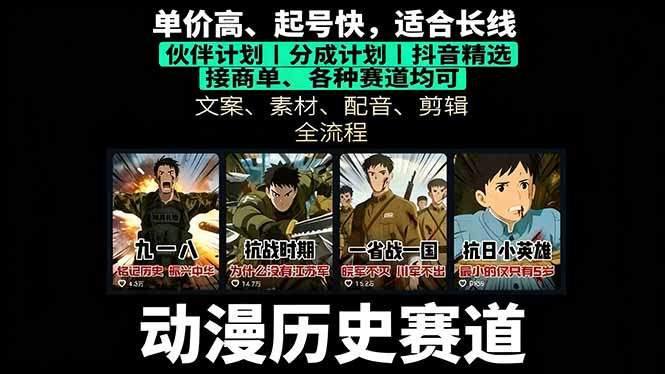 历史动漫赛道撸分成:起号、文案、素材、配音、剪辑,单视频收益破万-樵渔匹