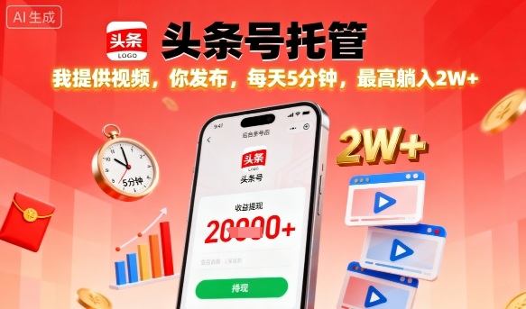 【头条号托管】我提供视频,你发布,每天5分钟,最高躺入2W+【揭秘】-樵渔匹
