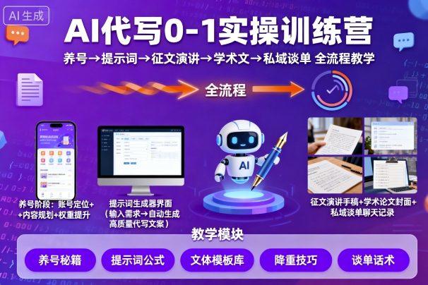 AI代写0-1实操训练营,从养号、提示词、征文演讲、学术文,到私域谈单的全流程教学-樵渔匹