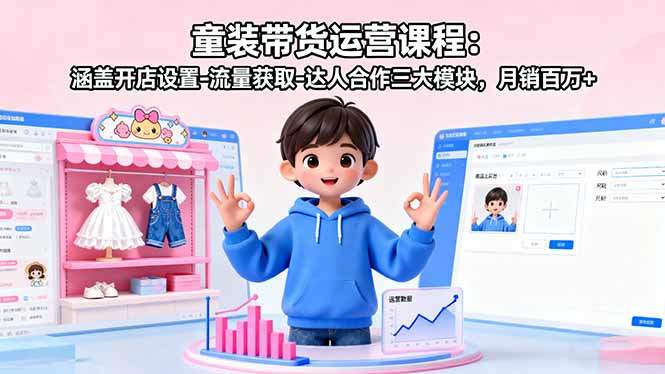 童装带货运营课程:涵盖开店设置-流量获取-达人合作三大模块,月销百万+-樵渔匹