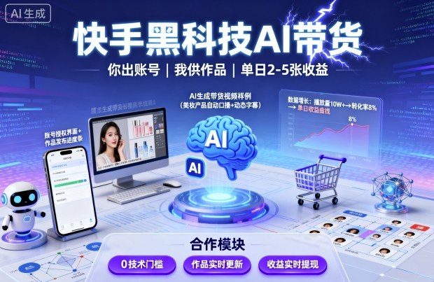 快手黑科技AI带货,你提供账号,我提供作品并发布,单日2-5张【揭秘】-樵渔匹