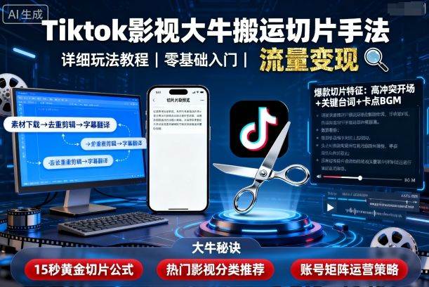 Tiktok影视大牛搬运切片手法,详细玩法教程-樵渔匹