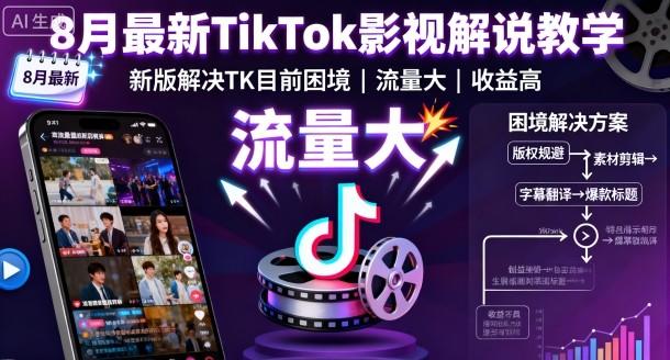 8月最新TikTok影视解说教学,新版解决TK目前困境,流量大,收益高-樵渔匹