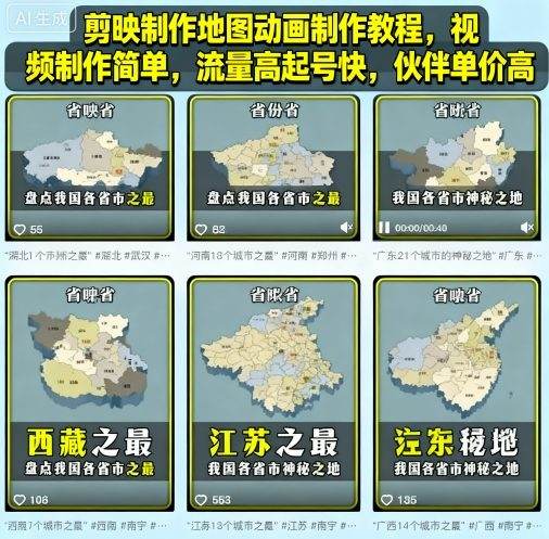 剪映制作地图动画制作教程,视频制作简单,流量高起号快,伙伴单价高-樵渔匹